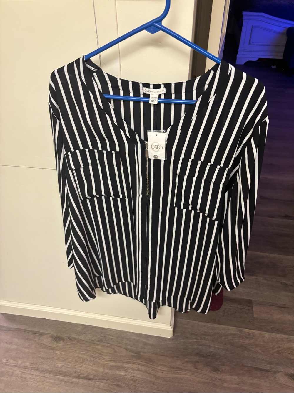 Cato Black & White Vertical Stripe Zip-Front Blouse